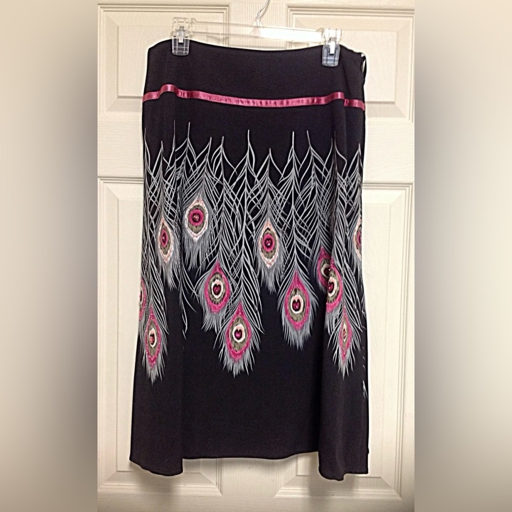 Silkland Black Pink Feather Print Skirt Size 12